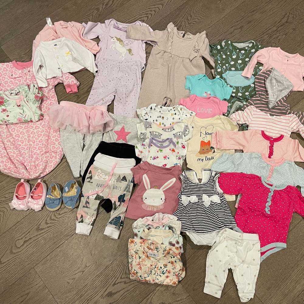 3-6 month girl and 6-9 month girl clothes, pajamas, shoes